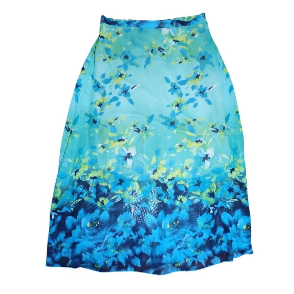 ONE WORLD Blue Green Floral Chiffon Pull On Long Maxi Skirt Womens Size M Medium